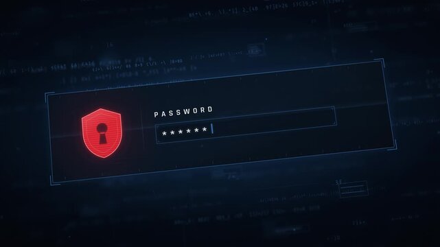 Password entered on red login screen with shield and keyhole icon, access denied, failed login, cyber security alert, hacking attempt blocked concept