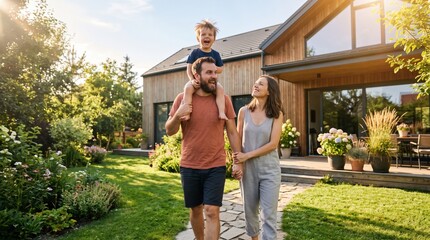 Obraz premium Smiling parents walk hand in hand along a garden path by a modern wooden house, with a laughing child on the father’s shoulders in warm sunlight. No text