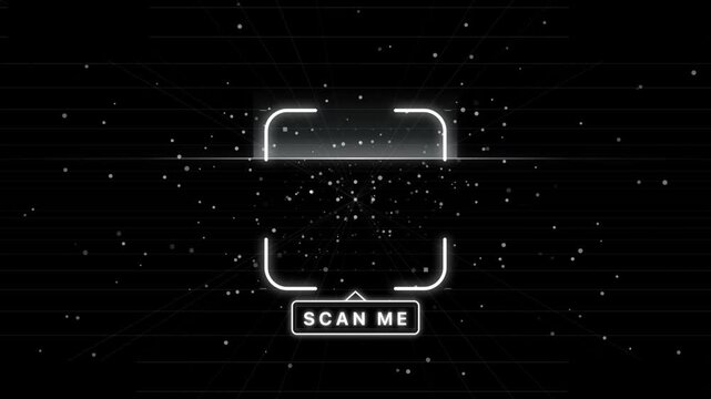 Futuristic Neon Scan Me QR Code Interface Motion Graphic with Floating Particles on Black Background