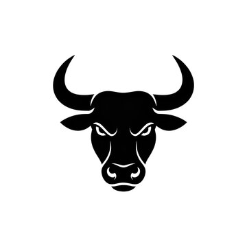Black silhouette icon of an angry bull head with large horns for a sports team logo design isolated on transparent background