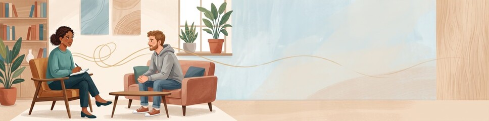 Fototapeta premium A therapist sits with a client in a comfortable room. They discuss mental health issues while surrounded by plants and bookshelves. This session takes place in a light-filled space