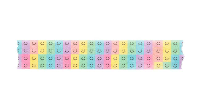 Colorful washi tape strip with smiley faces isolated on transparent background