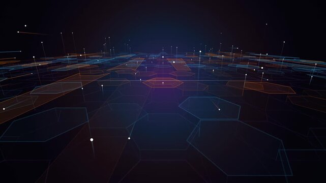 Cyber Hex Grid Landscape with Floating Data Nodes and Warp Speed Motion