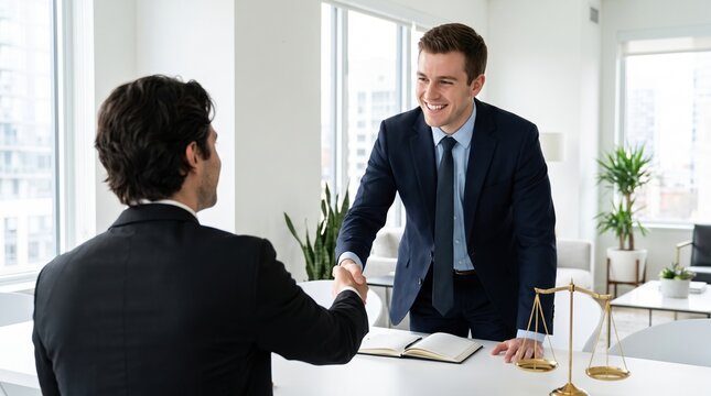 Smiling businessman in suit shakes hands with client across desk in modern office; open notebook and brass balance scale nearby. Attorney consults a client at office.