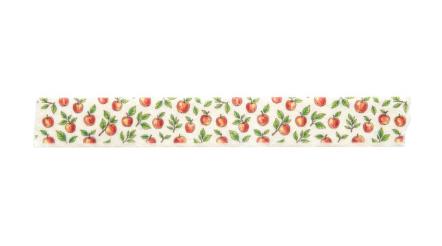 Washi tape strip with watercolor apple pattern isolated on transparent background