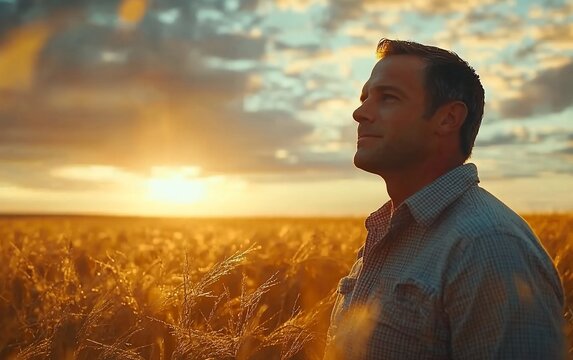 Man contemplates sunset over golden wheat field.