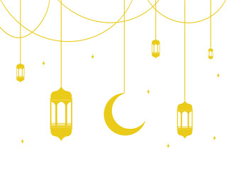 Ramadan and Eid-themed lantern and crescent moon decorations yellow color, Transparent background. © Silva