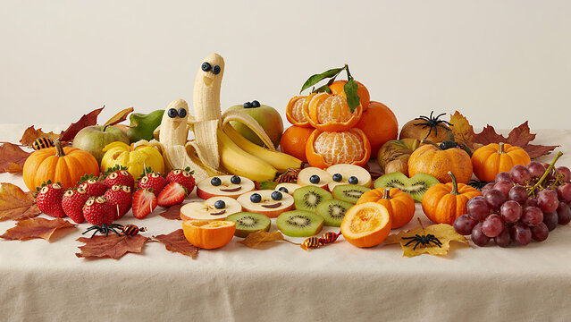 Creative Halloween fruit spread with banana ghosts, kiwi slices, and mini pumpkins arranged on autumn leaves created with generative AI.