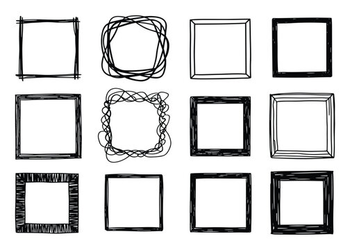 Set of twelve hand-drawn square frames, black ink outlines with varying scribble, and doodle styles on a white background