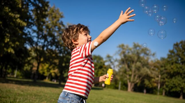 A young boy with diabetes enjoys a sunny day in the park, joyfully blowing bubbles and experiencing freedom