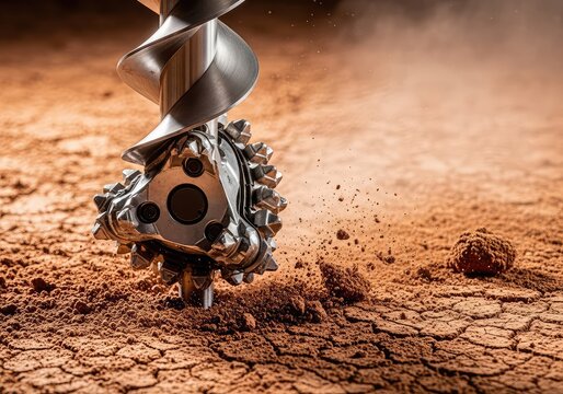 A detailed close-up shows a metallic industrial drill bit rotating and piercing deep into dry, textured soil, kicking up dust and dirt, drilling, tool, soil