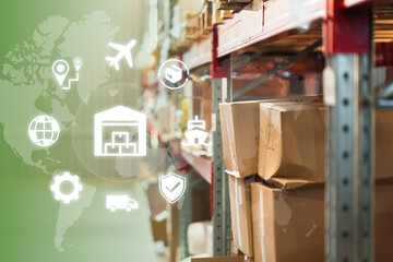 Plakat Logistics management in a warehouse with shipping and transportation icons displayed