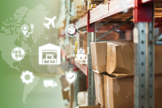 Logistics management in a warehouse with shipping and transportation icons displayed