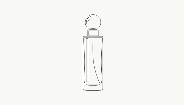 Simple black and white line art illustration of an elegant rectangular perfume bottle with a round cap.
