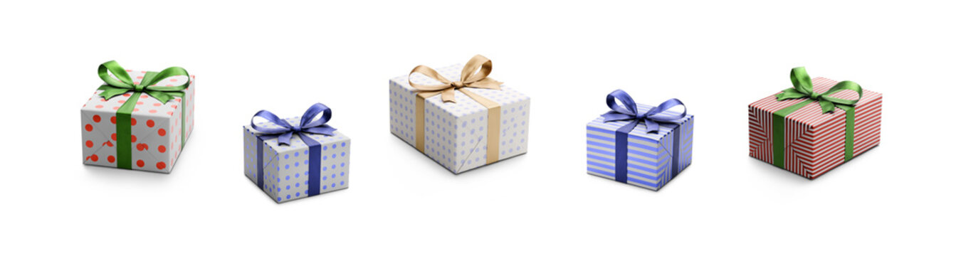 A collection of paler, lighter coloured blue and red gift wrapped presents with gold, blue and green ribbon bows isolated against a transparent background.