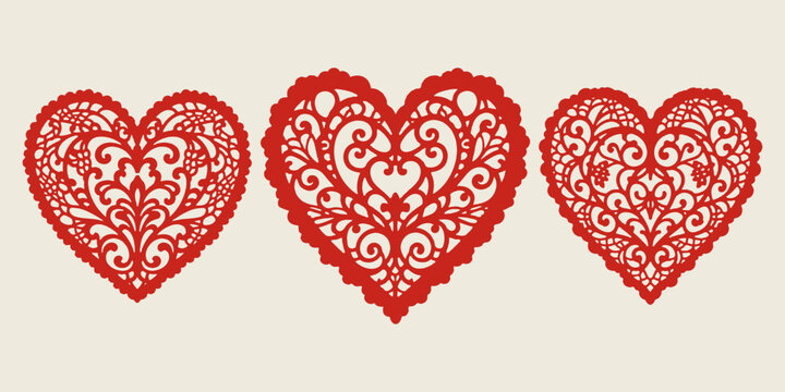 Three red hearts with intricate floral filigree in a flat decorative style on a cream background, symbolizing love and romance