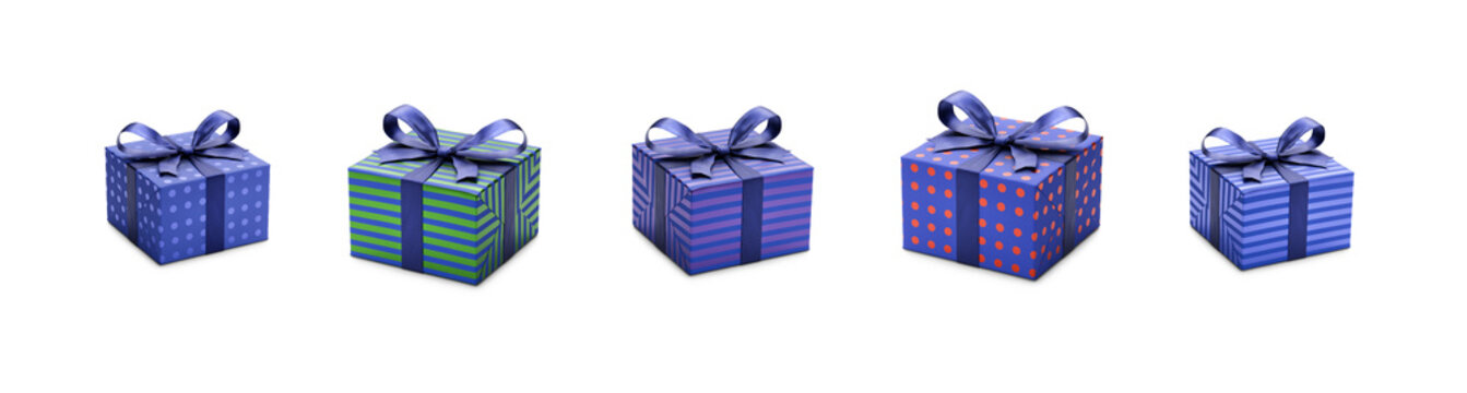 A collection of darker coloured blue, purple and green gift wrapped presents with navy blue ribbon bows isolated against a transparent background.