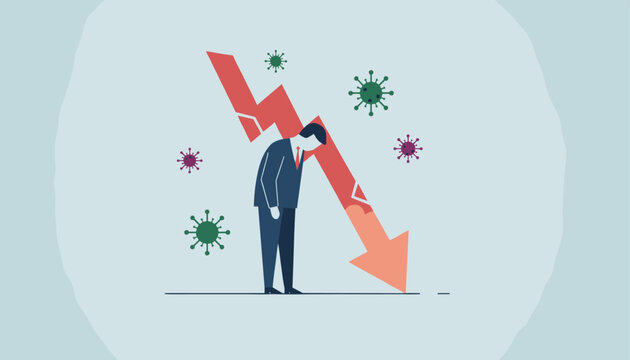 Depressed businessman looking down next to a crashing red arrow and floating green coronavirus molecules showing economic crisis.