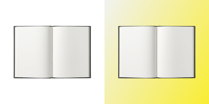 Open book with blank white pages spread flat viewed from above