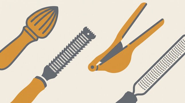 Vintage kitchen tools illustration, wooden citrus reamer and metal zester with lemon squeezer, retro flat vector style on beige background, culinary utensils for cooking