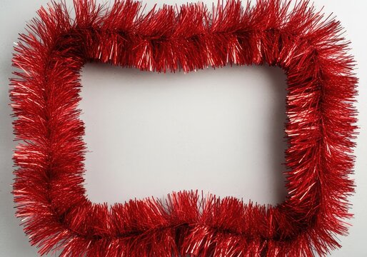 A shimmering border of vibrant red tinsel surrounds a blank central space, perfect for framing seasonal photographs or holiday greetings, event, reflective, vibrant