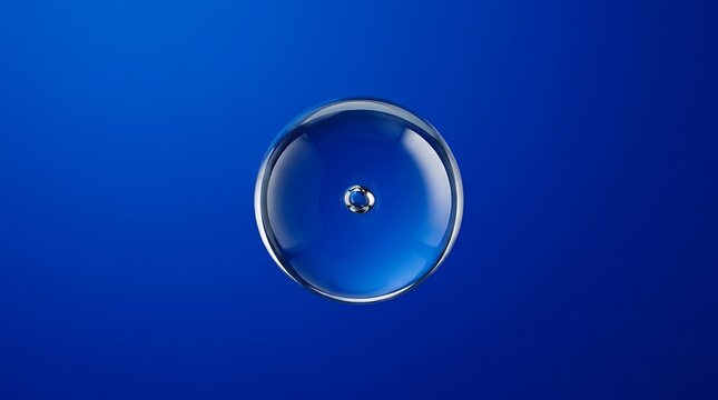 Crystal clear water droplet with tiny inner bubble suspended in deep blue void keywords: water