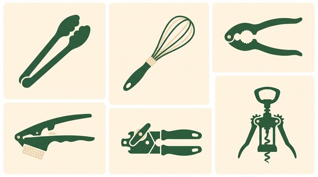 Kitchen utensil icon set, green flat vector illustrations of cooking tools, whisk, tongs, nutcracker, garlic press, can opener, and corkscrew on beige background