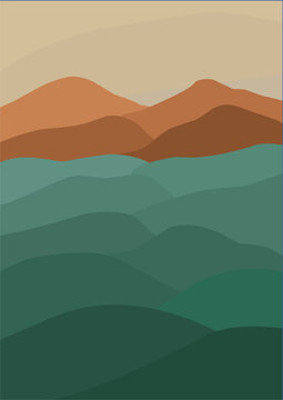 Minimalist mountain landscape vector background featuring layered green hills and terracotta peaks, perfect for modern boho wall art prints, poster covers, and aesthetic decor designs.