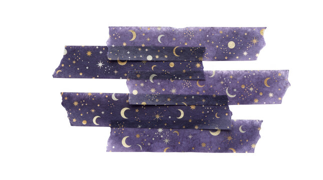 Washi tape strips with celestial moon and star patterns isolated on transparent background