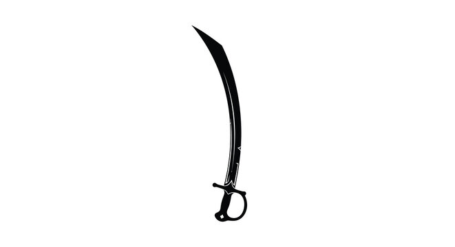 Curved blade scimitar with ornate hilt is displayed as a silhouette