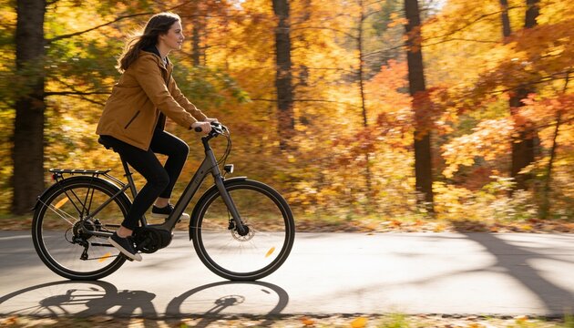 Young woman riding a bicycle on a paved forest path during autumn, active lifestyle and outdoor recreation with vibrant fall foliage and sunny nature background