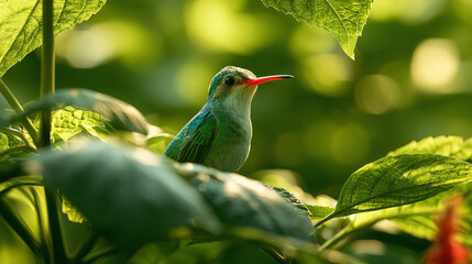 Fototapeta premium Hummingbird Trochilidae perched on lush green leaves in nature scene