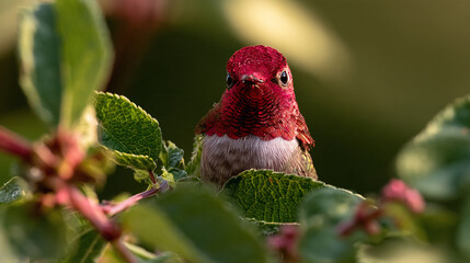 Fototapeta premium Anna hummingbird Calypte anna perched inside lush green garden foliage
