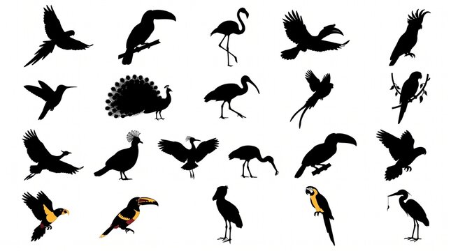 Colorful tropical bird illustrations and black silhouettes featuring parrots and toucans for vibrant summer party decorations and wildlife conservation projects.