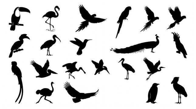 Exotic bird silhouettes including toucan flamingo parrot peacock and penguin are arranged for ornithology studies tropical vacation promotions and wildlife art.