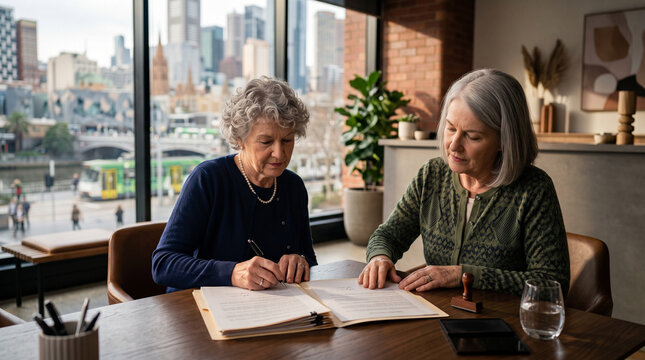 Senior Women Reviewing and Signing Legal Documents