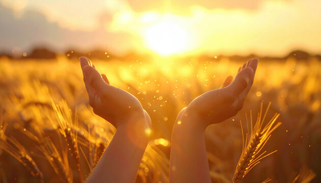 Human hands reach upward toward bright evening sun within golden wheat field creating peaceful moment of connection with natural harvest land