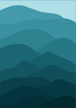 Minimalist blue mountain landscape vector background featuring layered hills and peaks, perfect for modern aesthetic wall art prints, poster covers, digital backdrops, and decor designs