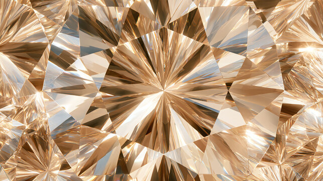 Macro view of brilliant cut crystal facets with gold and bronze tones