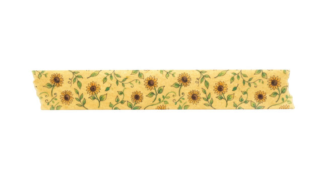 Decorative washi tape strip with a sunflower and vine pattern isolated on transparent background