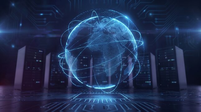 Global network digital earth globe floating in data center server room for cloud computing.