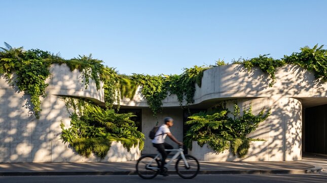 Sustainable modern concrete building with lush green vertical gardens and a passing cyclist.