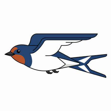 Barn swallow in flight with blue wings and rust red throat, flat vector illustration, cute cartoon bird isolated on white background