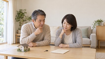 Fototapeta premium 住宅模型と鍵を前に住まいの今後を考える男女