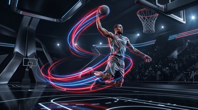 Dynamic Basketball Dunk In Neon Arena