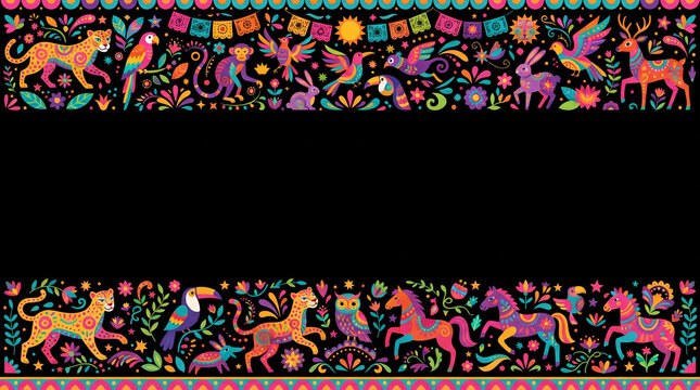 Vibrant Mexican folk art border with animals and papel picado