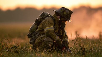 Fototapeta premium Brave firefighter work outdoor field sunset smoke gear rescue help safety