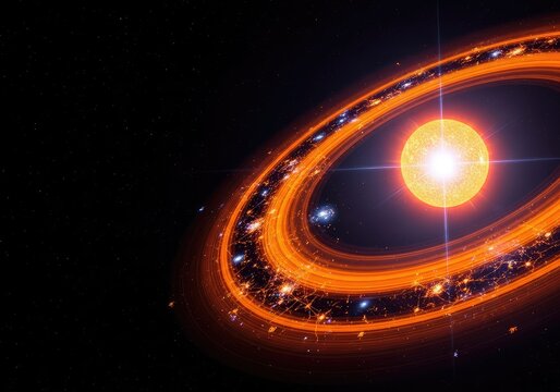 Orange rings of a protoplanetary disc surround a young star, showcasing floating molecular structures and the birth of cosmic organic matter, glowing, orange, cosmic