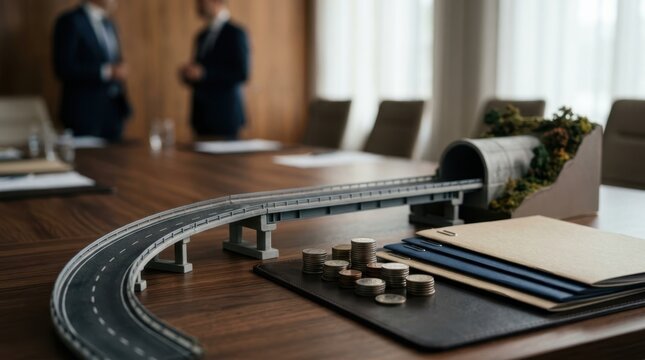 Miniature roadway, bridge and tunnel models with stacked coins and blank contract folders symbolizing public-private infrastructure finance