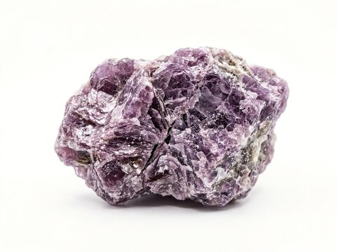 Raw purple lepidolite mineral specimen with crystalline texture and natural striations, isolated on white background for geology, education, and mineral collection purposes